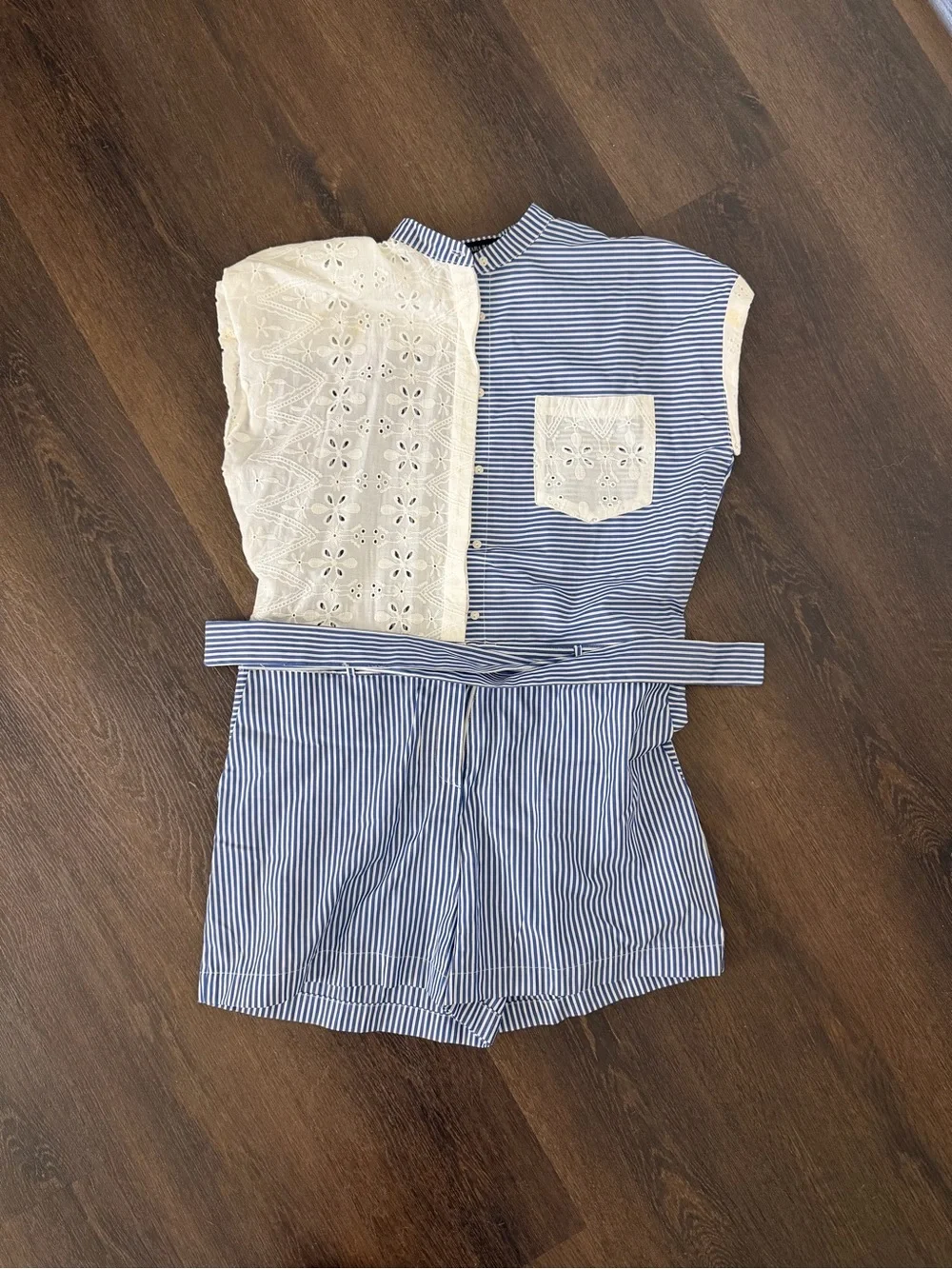 Blue & White Striped Tie-Waist Zara Romper
